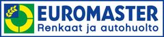 Euromaster-logo: sininen teksti valkoisella pohjalla, vihreä ja keltainen graafinen elementti. Alla teksti 