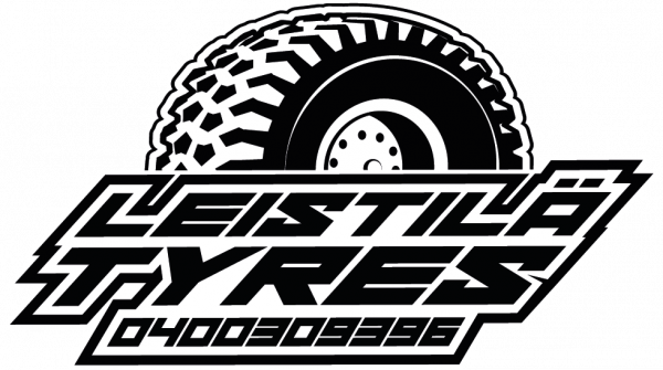 Leistilä Renkaiden logo: Musta rengasgrafiikka tyylitellyn tekstin ja puhelinnumeron yläpuolella.