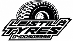 Leistilä Renkaiden logo: Musta rengasgrafiikka tyylitellyn tekstin ja puhelinnumeron yläpuolella.