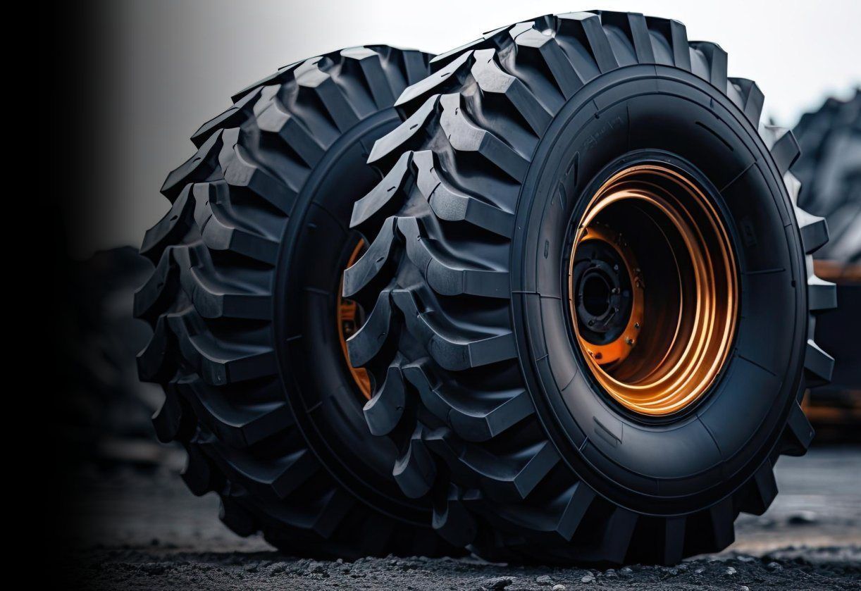 Kaksi isoa mustaa traktorinrengasta kultaisilla vanteilla sorapinnalla.