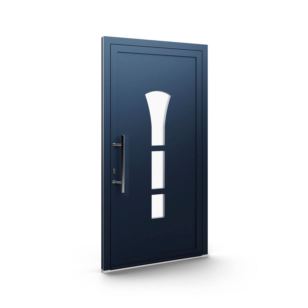 Eine blaue Tür mit einem weißen Muster auf weißem Hintergrund.