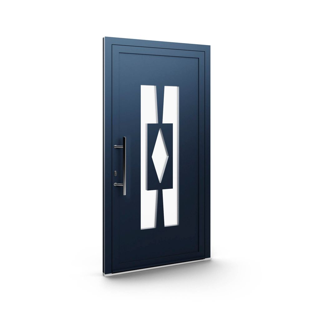 Eine blaue Tür mit einem Rautenmuster auf weißem Hintergrund.