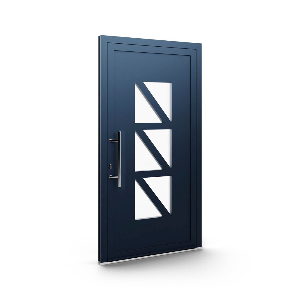 Eine blaue Tür mit geometrischem Design und einem Griff auf weißem Hintergrund.