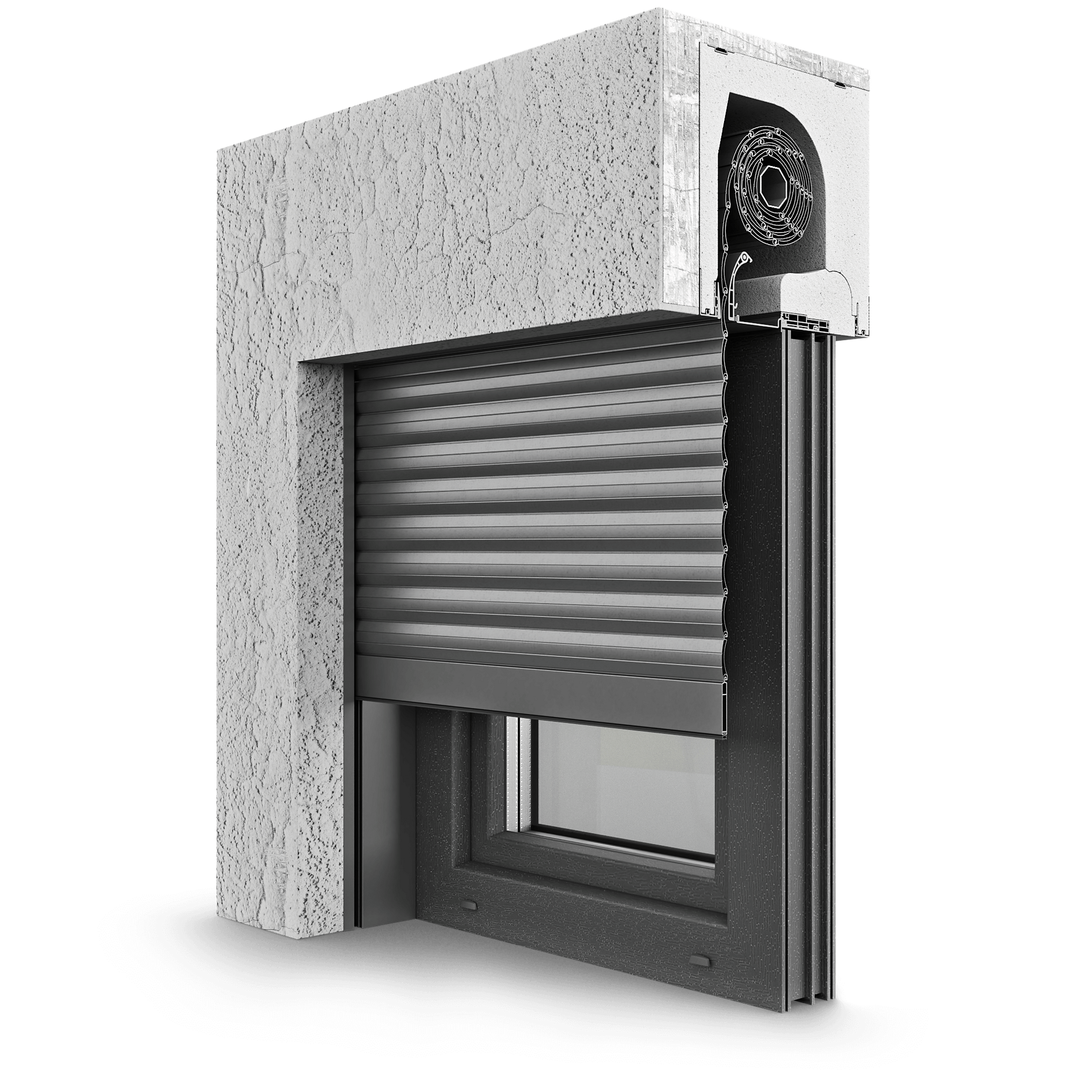 Ein Schwarzweißfoto eines Fensters mit einem Rollladen daran.