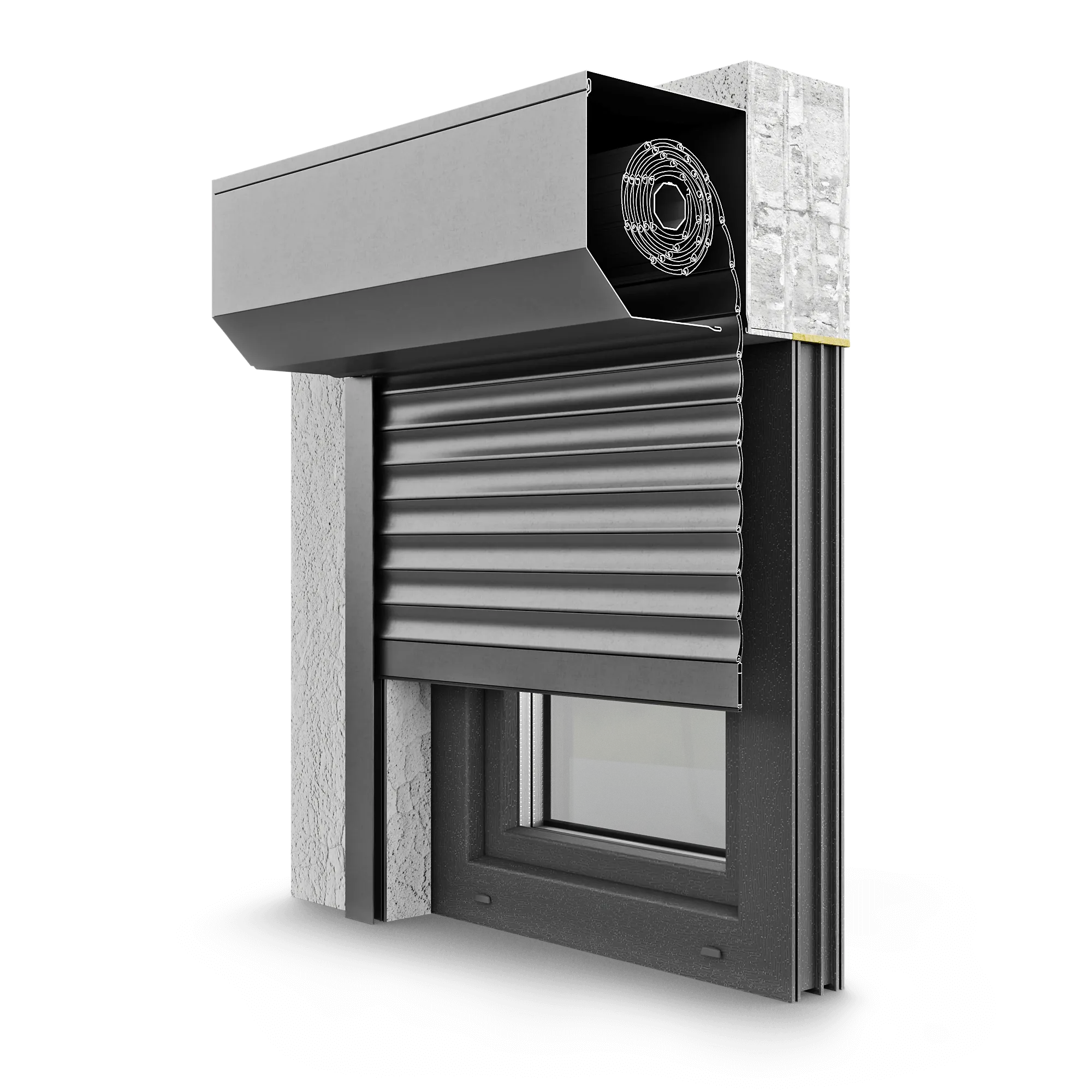 Ein Fenster mit einem Rollladen daran.