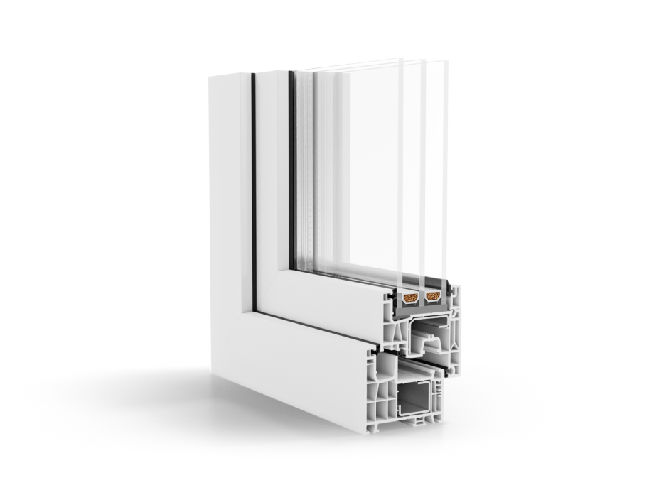 Eine Nahaufnahme eines weißen Kunststofffensters auf weißem Hintergrund.