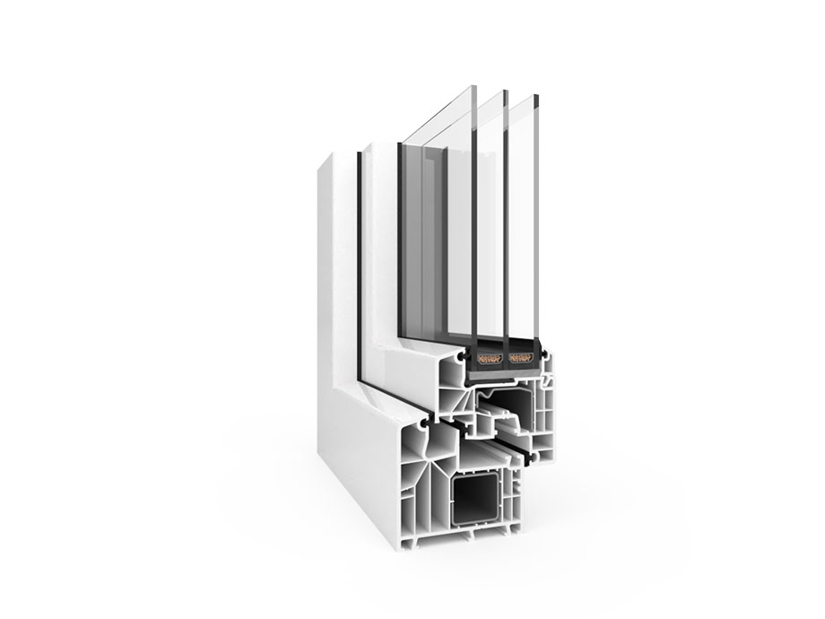 Eine Nahaufnahme eines weißen Kunststofffensters auf weißem Hintergrund.