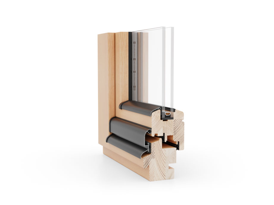 Ein 3D-Modell eines Holzfensters auf weißem Hintergrund.