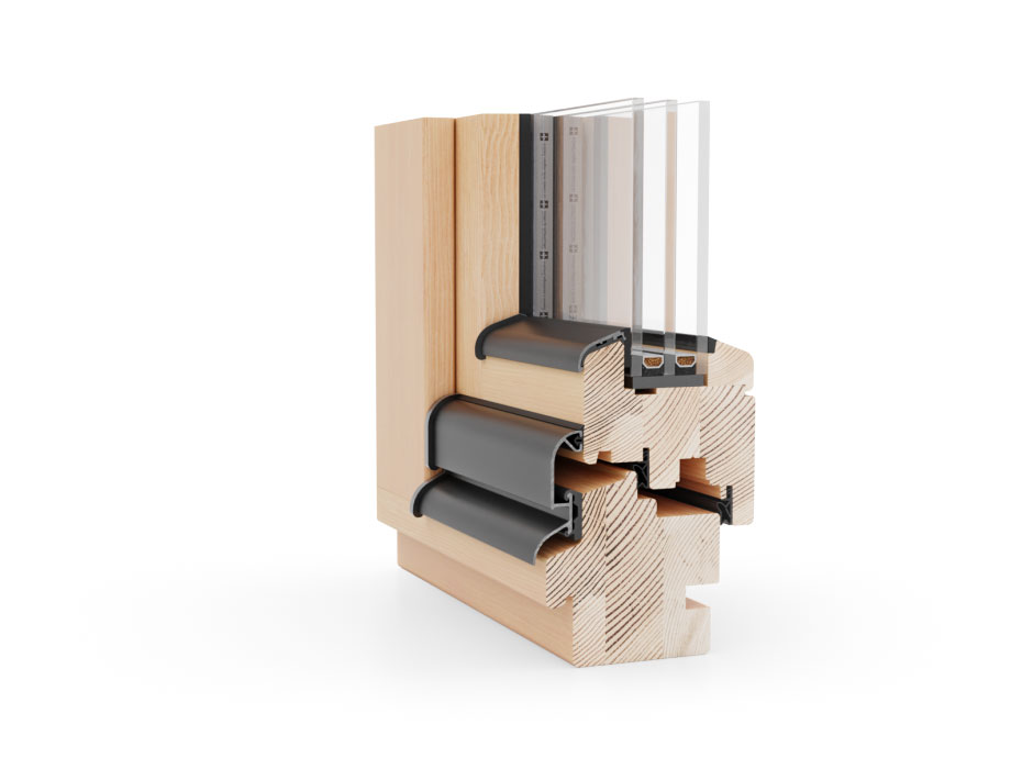 Ein 3D-Modell eines hölzernen Fensterrahmens auf weißem Hintergrund.