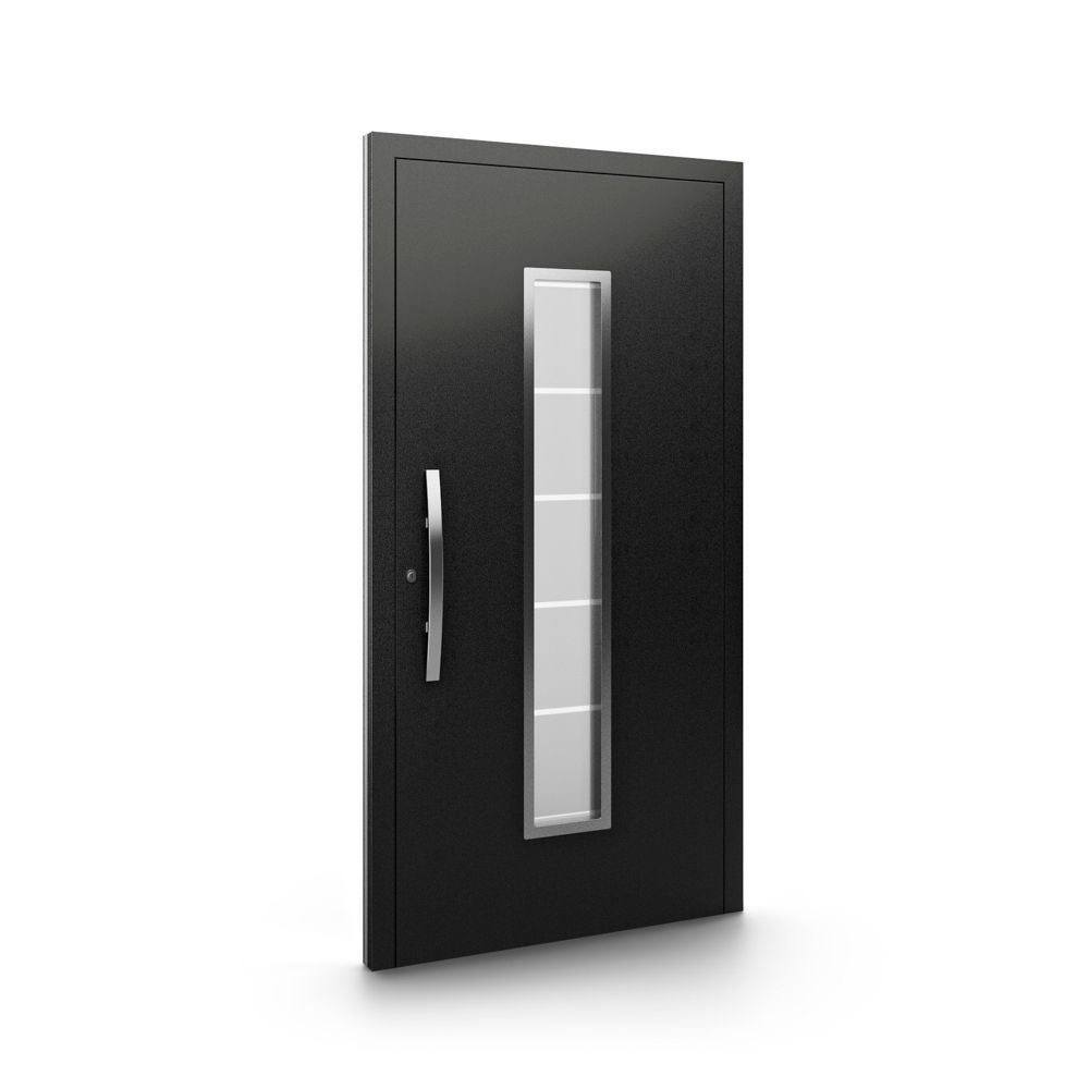 Eine schwarze Tür mit einem Fenster und einem Griff auf weißem Hintergrund.