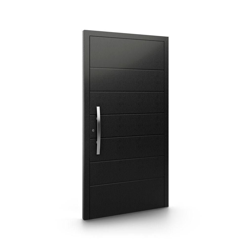 Eine schwarze Tür mit einem silbernen Griff auf weißem Hintergrund