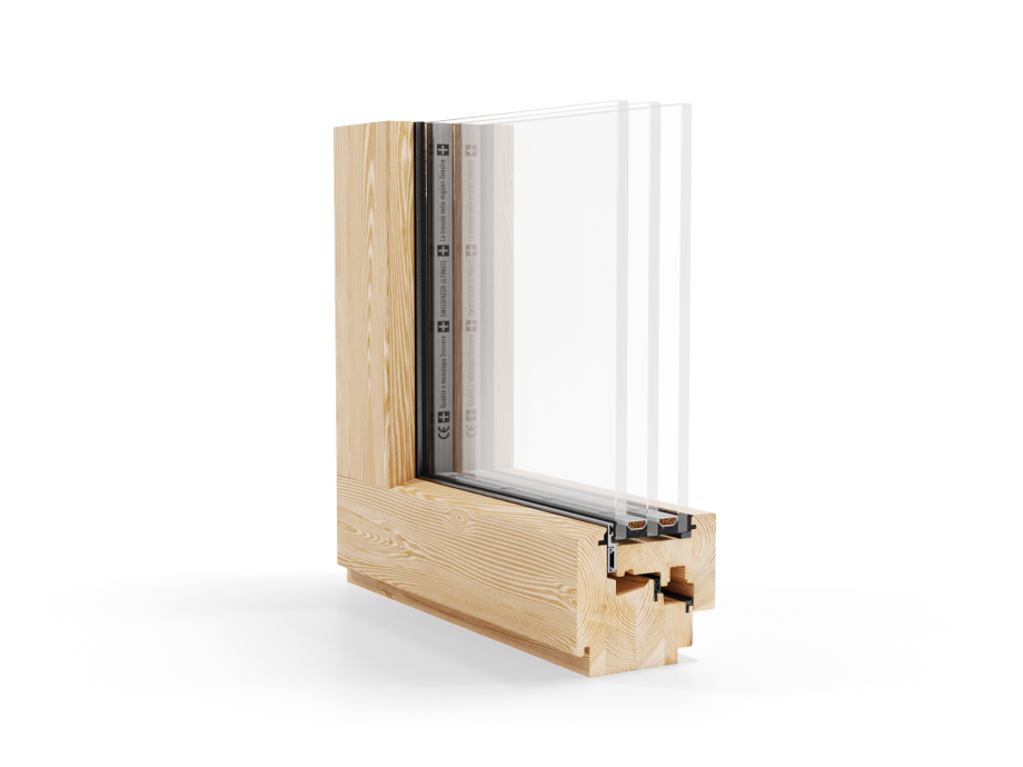 Ein Holzfenster mit drei Glasscheiben auf weißem Hintergrund.