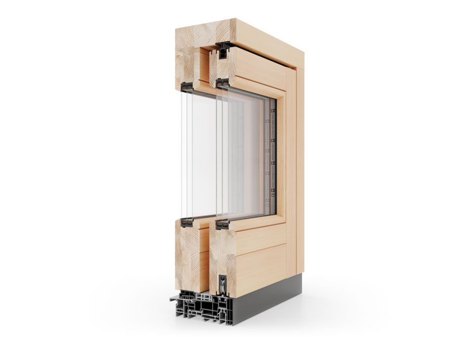 Ein 3D-Modell eines Holzfensters auf weißem Hintergrund.