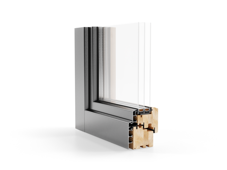 Eine Nahaufnahme eines Fensters mit einem Holzrahmen auf weißem Hintergrund.