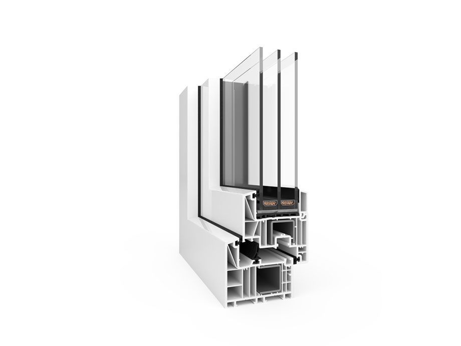 Eine Nahaufnahme eines weißen Kunststofffensters auf weißem Hintergrund.