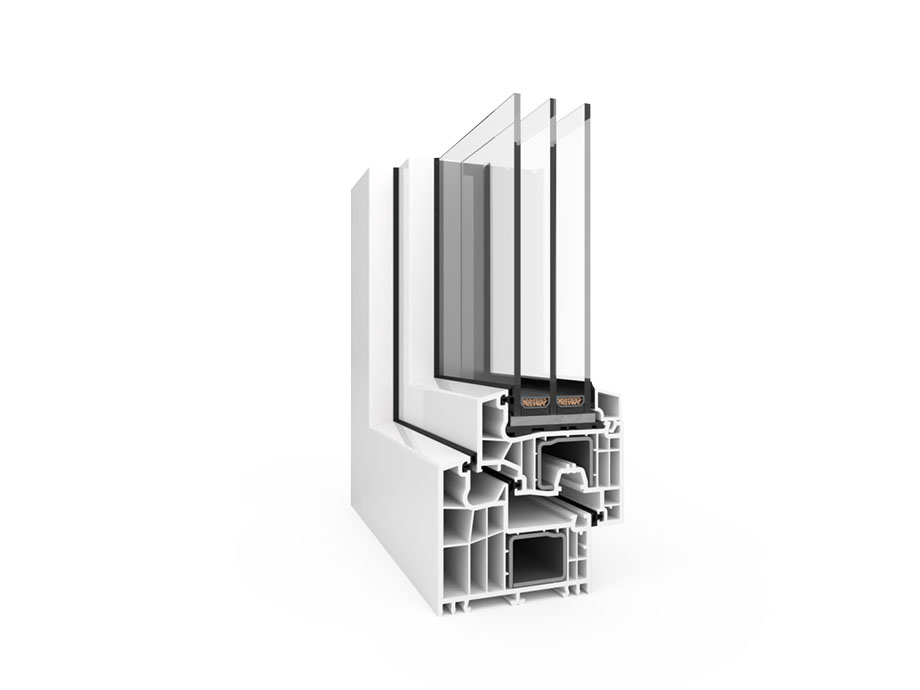 Eine Nahaufnahme eines weißen Kunststofffensters auf weißem Hintergrund.