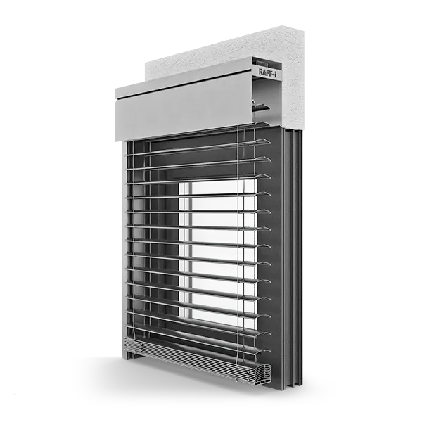 Eine 3D-Darstellung eines Fensters mit Jalousien.