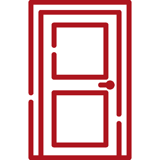 Ein rotes Türsymbol auf weißem Hintergrund.
