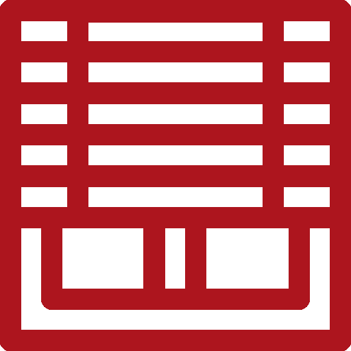 Ein rot-weißes Symbol eines Fensters mit Jalousien.