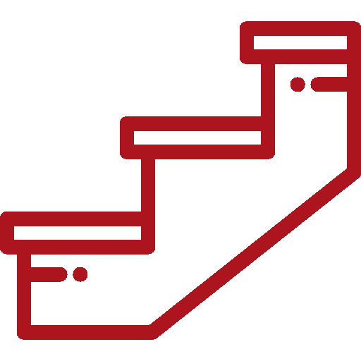 Ein rotes Treppensymbol auf weißem Hintergrund.