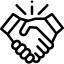 Un sencillo icono en blanco y negro que muestra un apretón de manos con líneas luminosas encima.