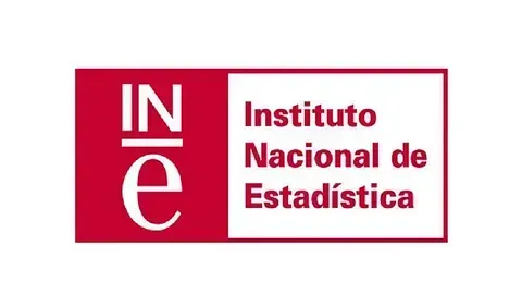 Logotipo del Instituto Nacional de Estadística (INE) con texto blanco sobre fondo rojo y recuadro blanco.