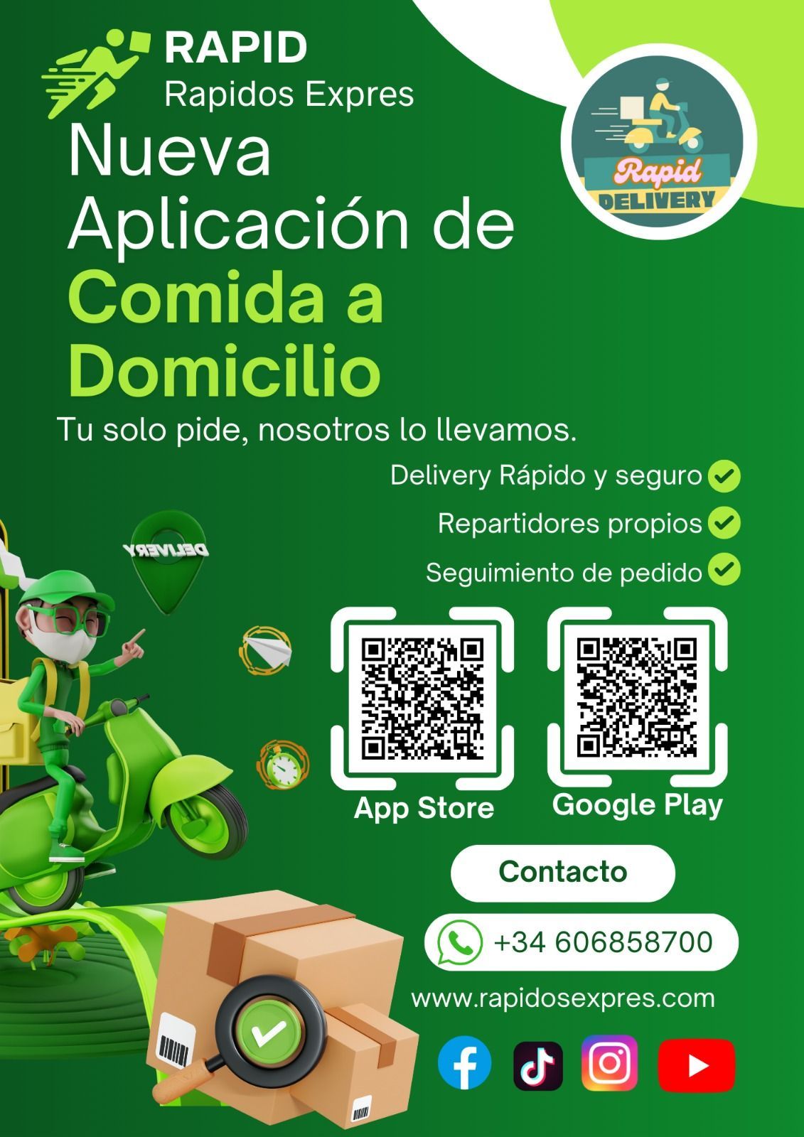Un cartel verde con un repartidor en una motocicleta.
