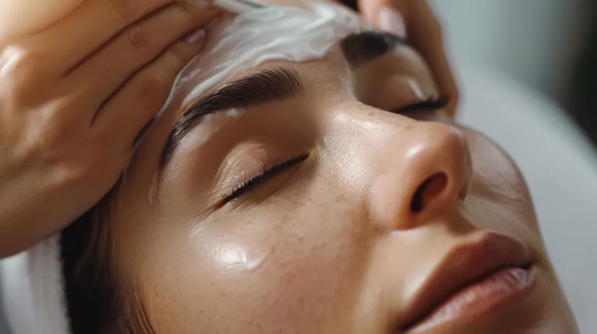 Mujer recibiendo un tratamiento facial con crema aplicada en la frente. Ojos cerrados. El entorno es un spa.