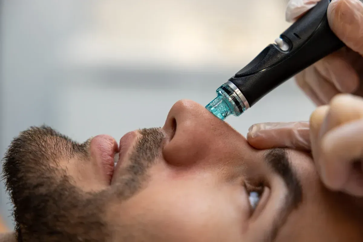 Persona recibiendo tratamiento facial en la nariz. Se utiliza un dispositivo para aplicar un líquido azul.