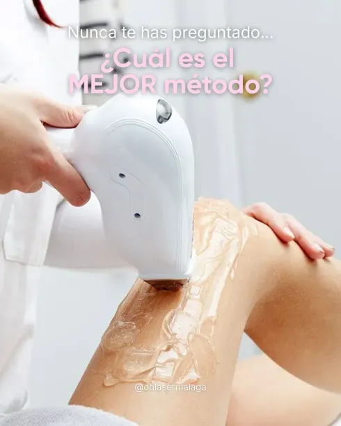 Pierna depilada con láser. Gel aplicado. El texto pregunta: 