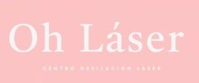 Logotipo de "Oh Láser", centro de depilación láser, sobre fondo rosa.