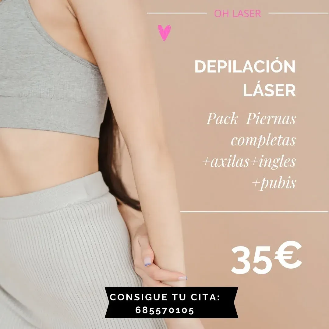Anuncio de depilación láser: Paquete completo de piernas, axilas, ingles y pubis por 35 €.