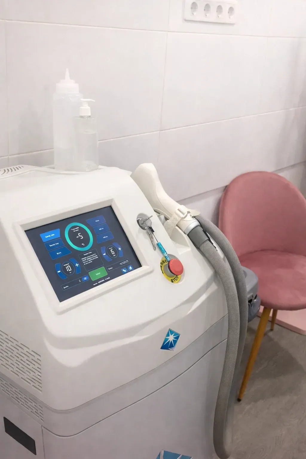 Mano recibiendo tratamiento láser sobre superficie blanca.