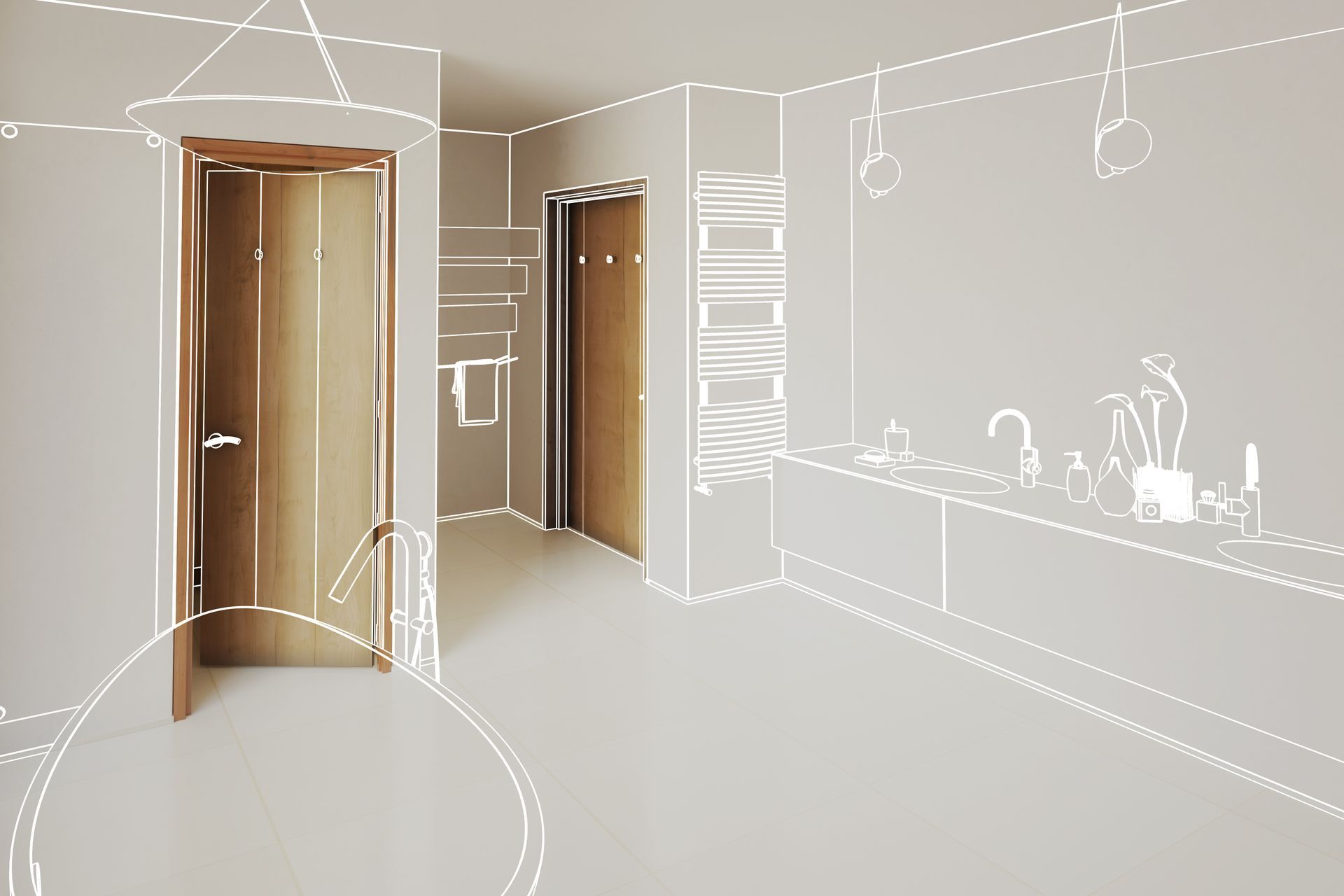 Croquis conceptuel d'aménagement intérieur montrant une salle de bains avec des portes en bois réalistes superposées à un dessin au trait blanc.