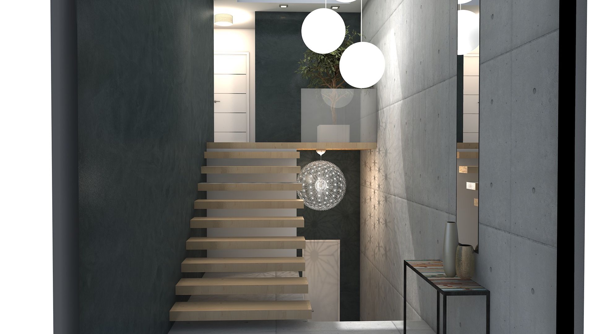 Escalier moderne avec marches flottantes en bois clair, murs en béton, console et luminaires suspendus sphériques lumineux.