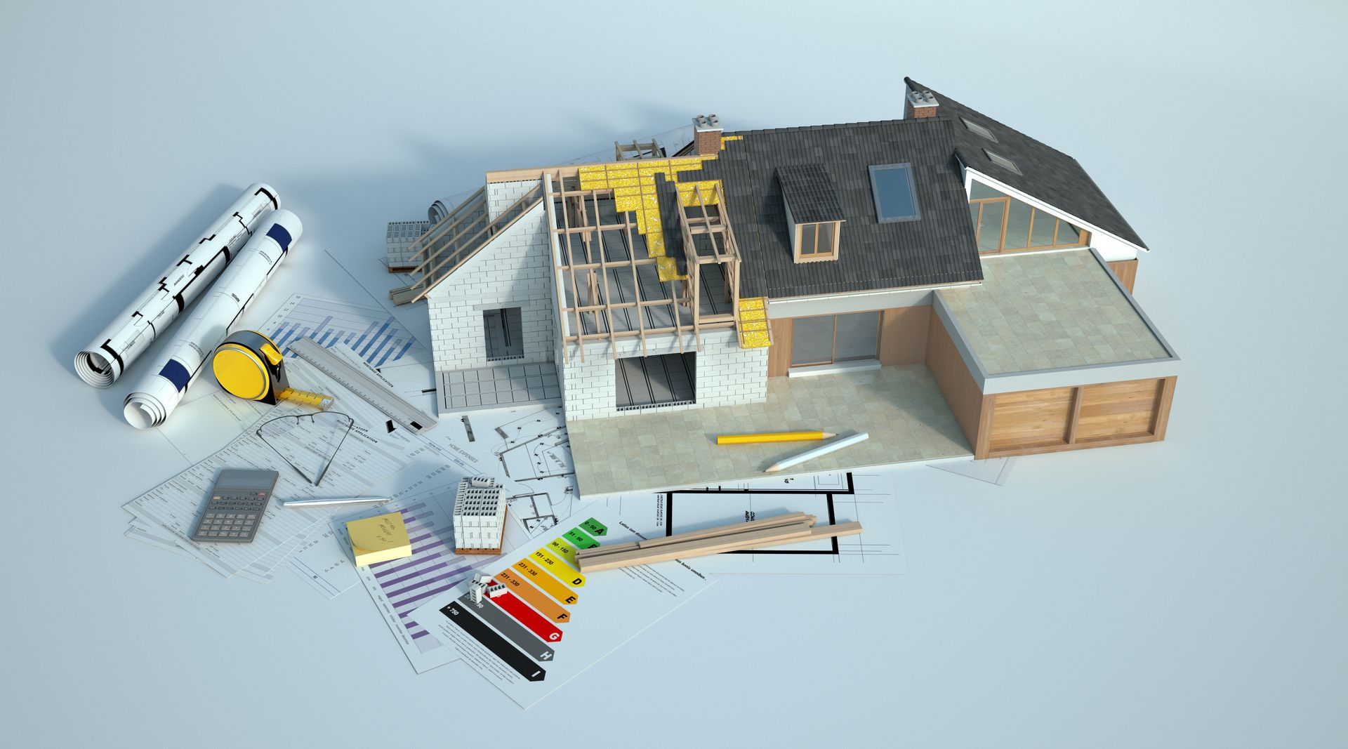 Une maquette 3D d'une maison en construction avec plans, un mètre ruban et un tableau d'évaluation de l'efficacité énergétique.