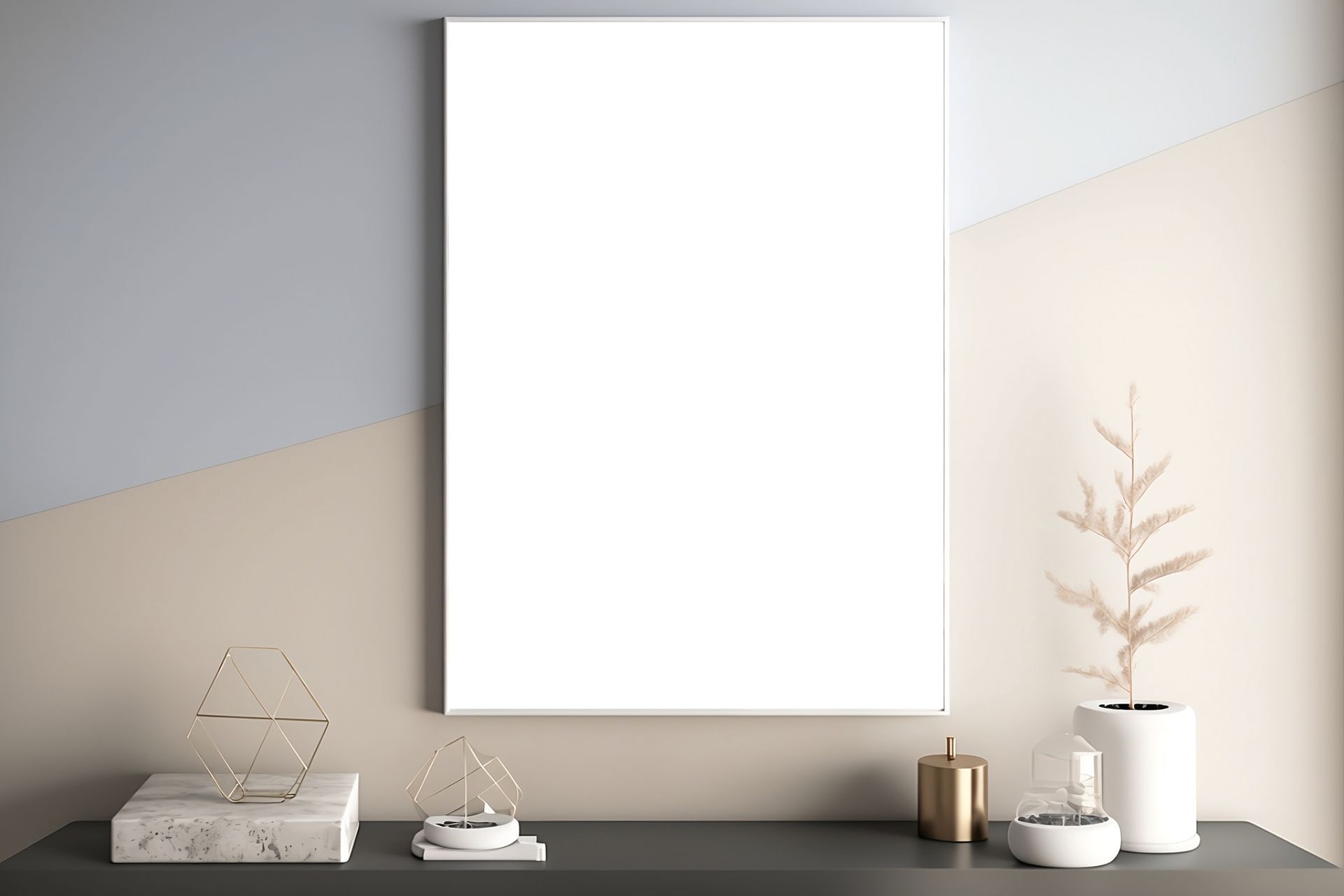 Un cadre rectangulaire vierge, centré sur un mur bicolore, surplombe une étagère où sont disposés des objets décoratifs et une petite plante.