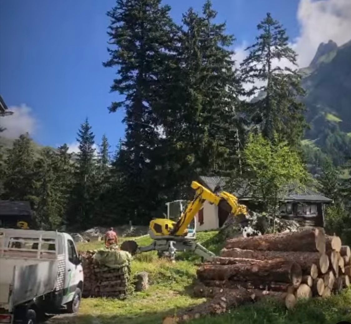 Un camion est garé à côté d'un tas de bûches et d'une excavatrice jaune