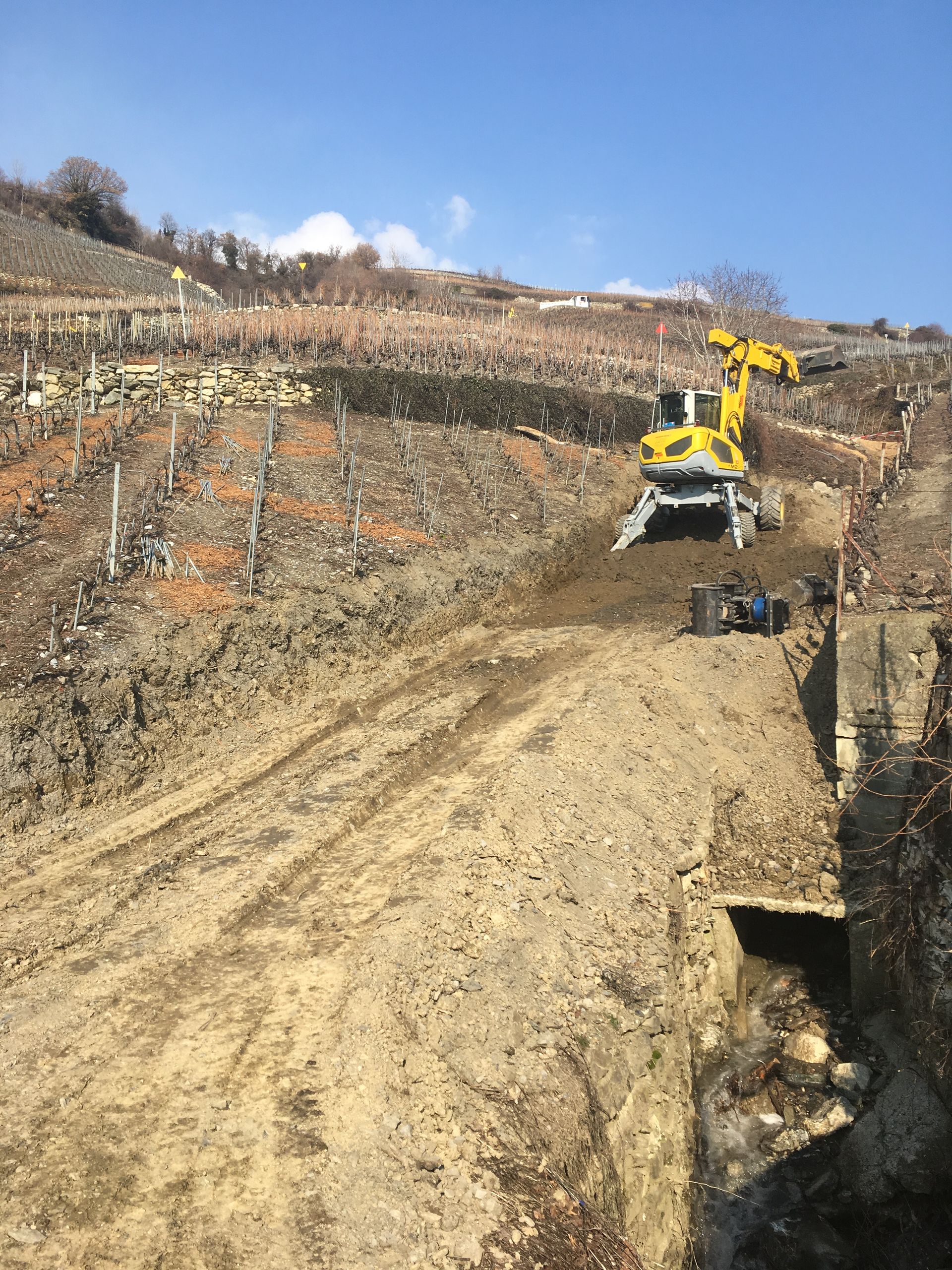 Une excavatrice jaune déplace de la terre sur un chemin de terre.