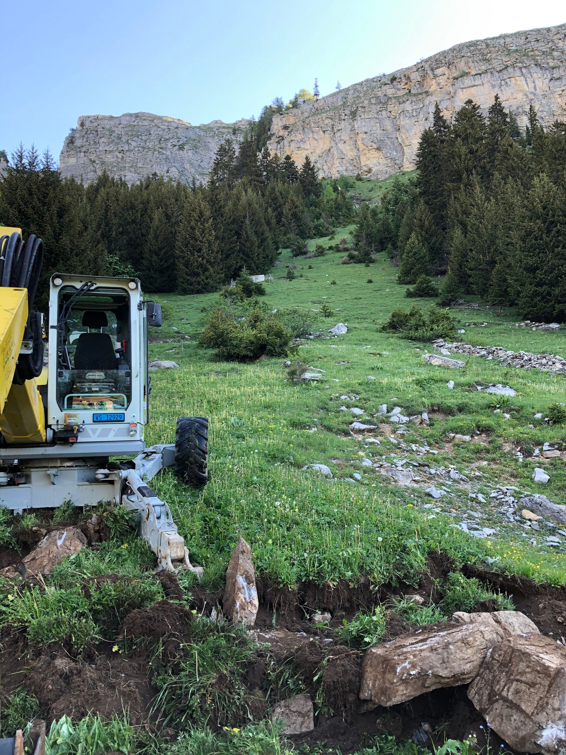 Une excavatrice jaune et blanche est assise dans un champ herbeux.