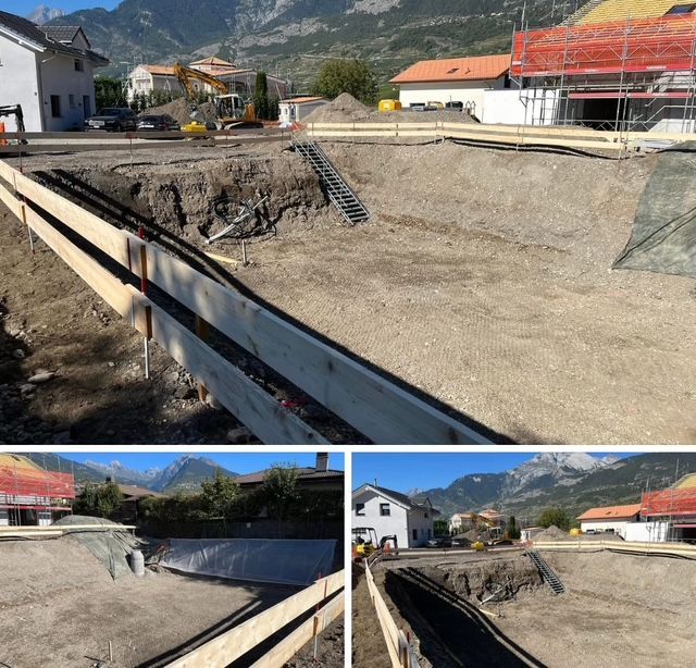 Un collage de photos d'un chantier de construction avec des montagnes en arrière-plan
