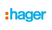 Logo von Hager, blauer Text mit orangefarbenen Quadraten vor dem Wort, wahrscheinlich für Elektroprodukte.