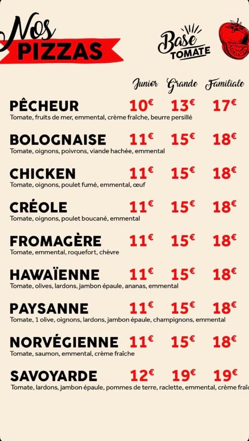 Carte des pizzas base tomate