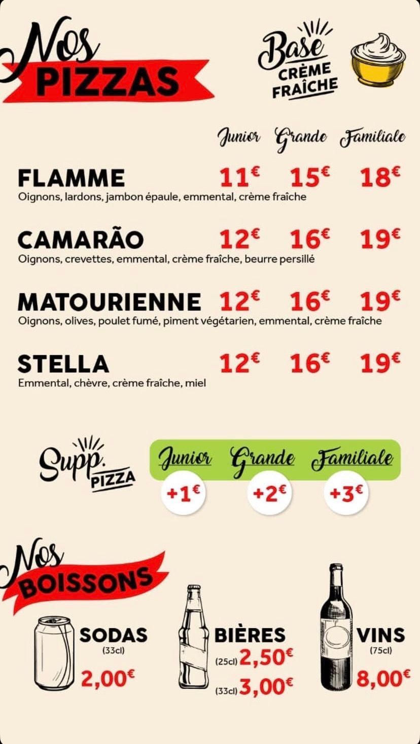 Carte des pizzas base crème