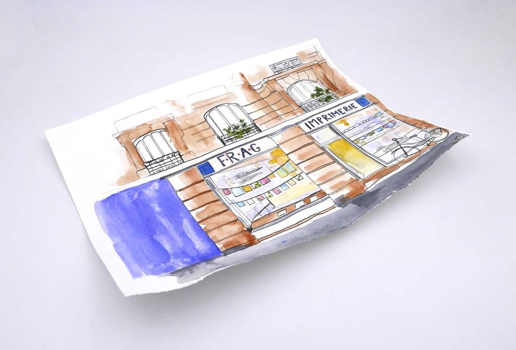Impression d'une aquarelle représentant la devanture de l'Imprimerie Frag