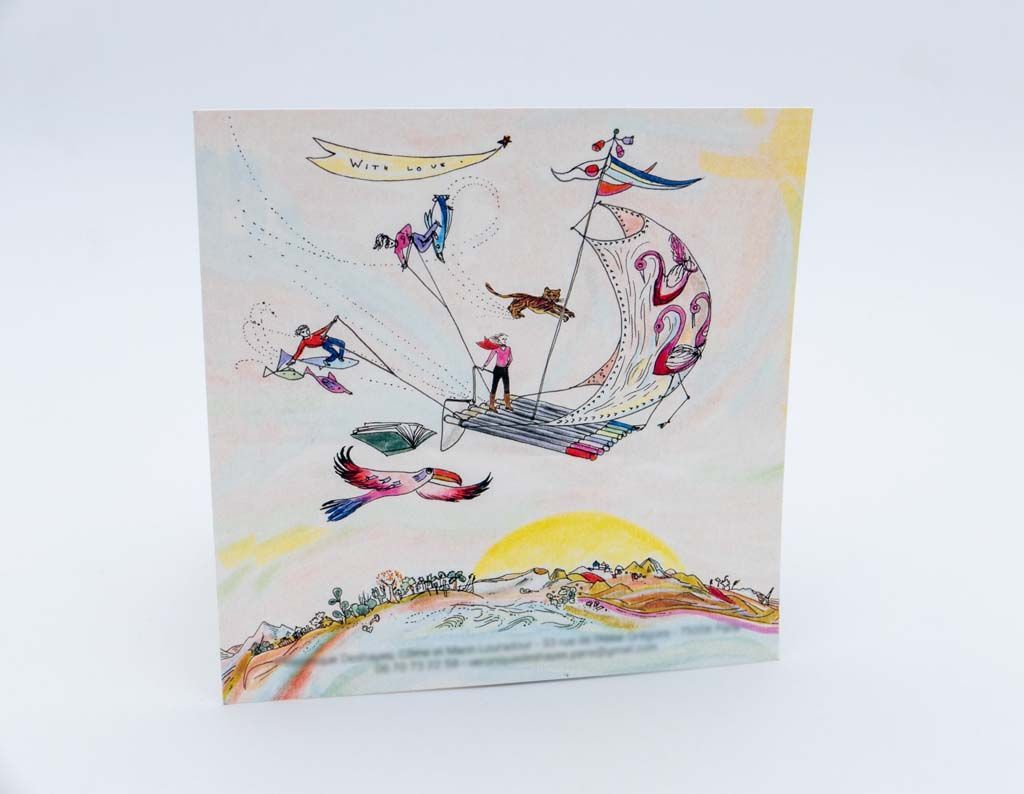 Impression d'un visuel sur fond blanc d'un radeau dans le ciel porté par des oiseaux