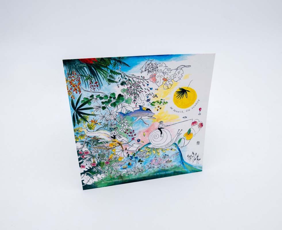 Impression d'une réalisation graphique dessinée avec plusieurs personnes, animaux, plantes, couleurs