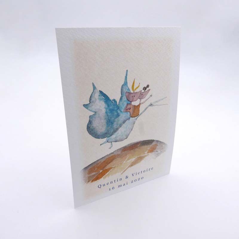 Faire-part de mariage avec dessin à l'équarelle imprimé par un professionnel