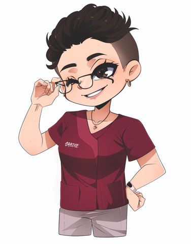 Eine Karikatur einer Frau mit Brille und Kasack.