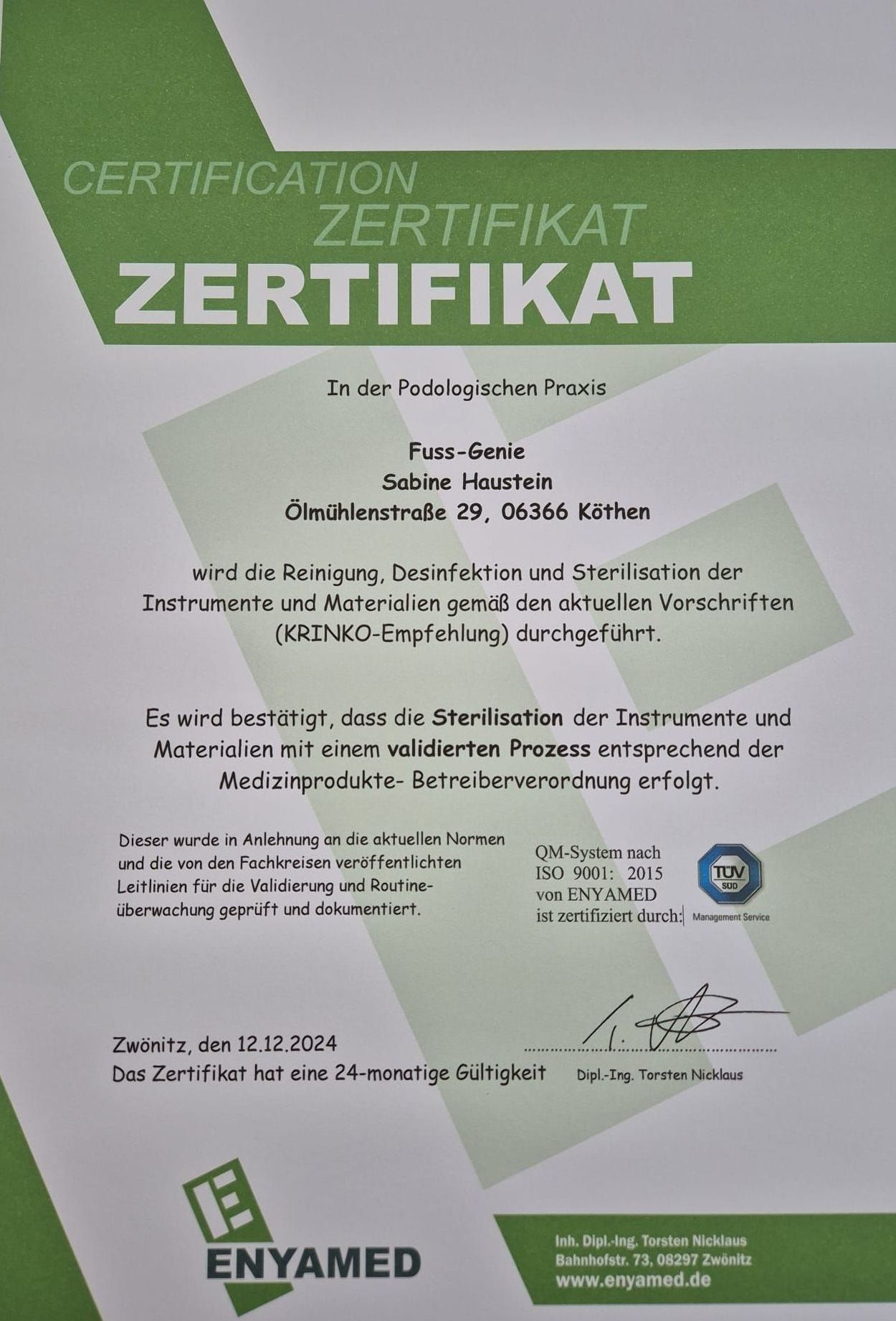Ein Zertifikat mit der Aufschrift „certification zertifikat“